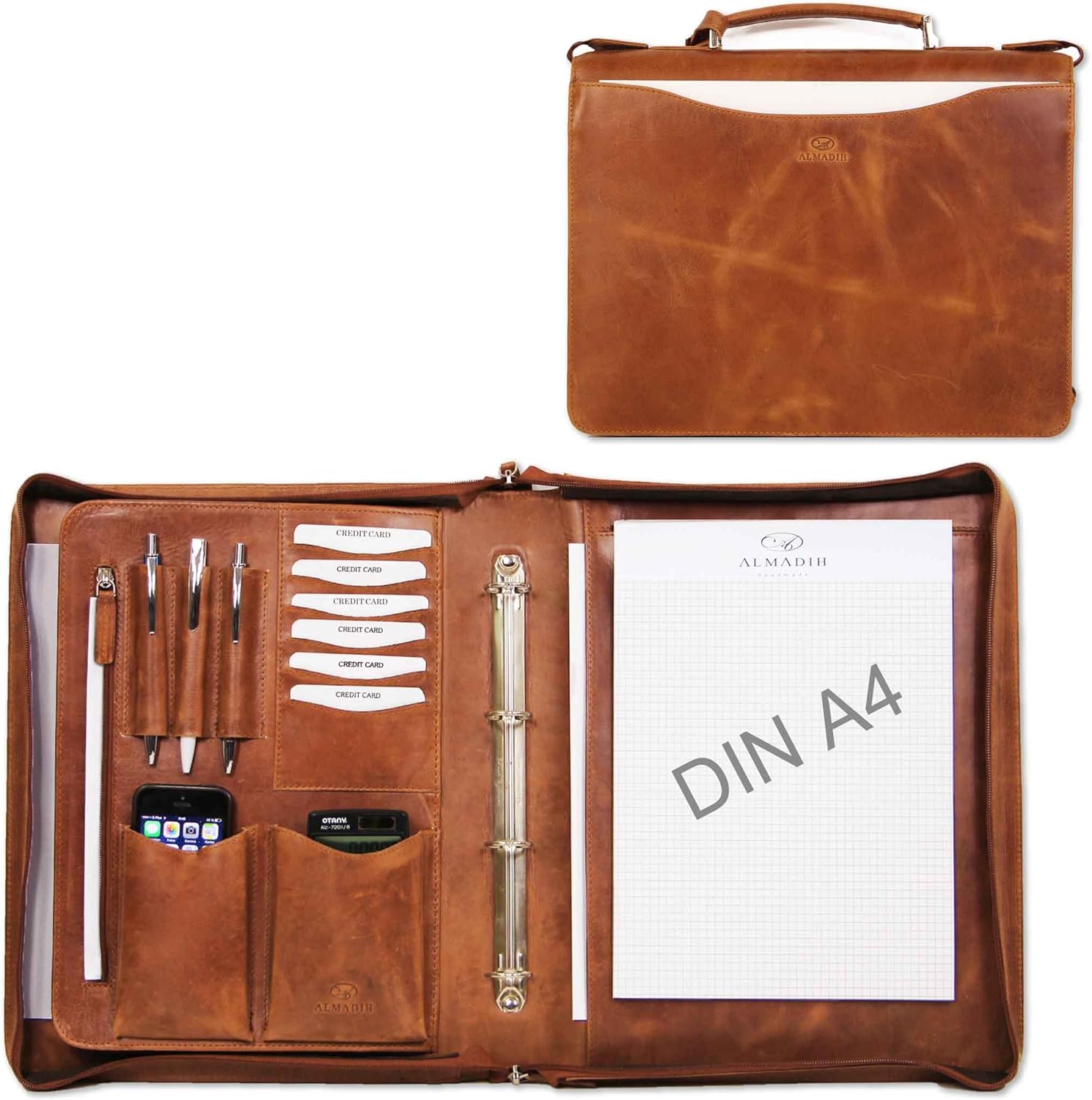 ALMADIH Leather A4 Folder with Handle, Zipper, Rings + Writing Pad Made
