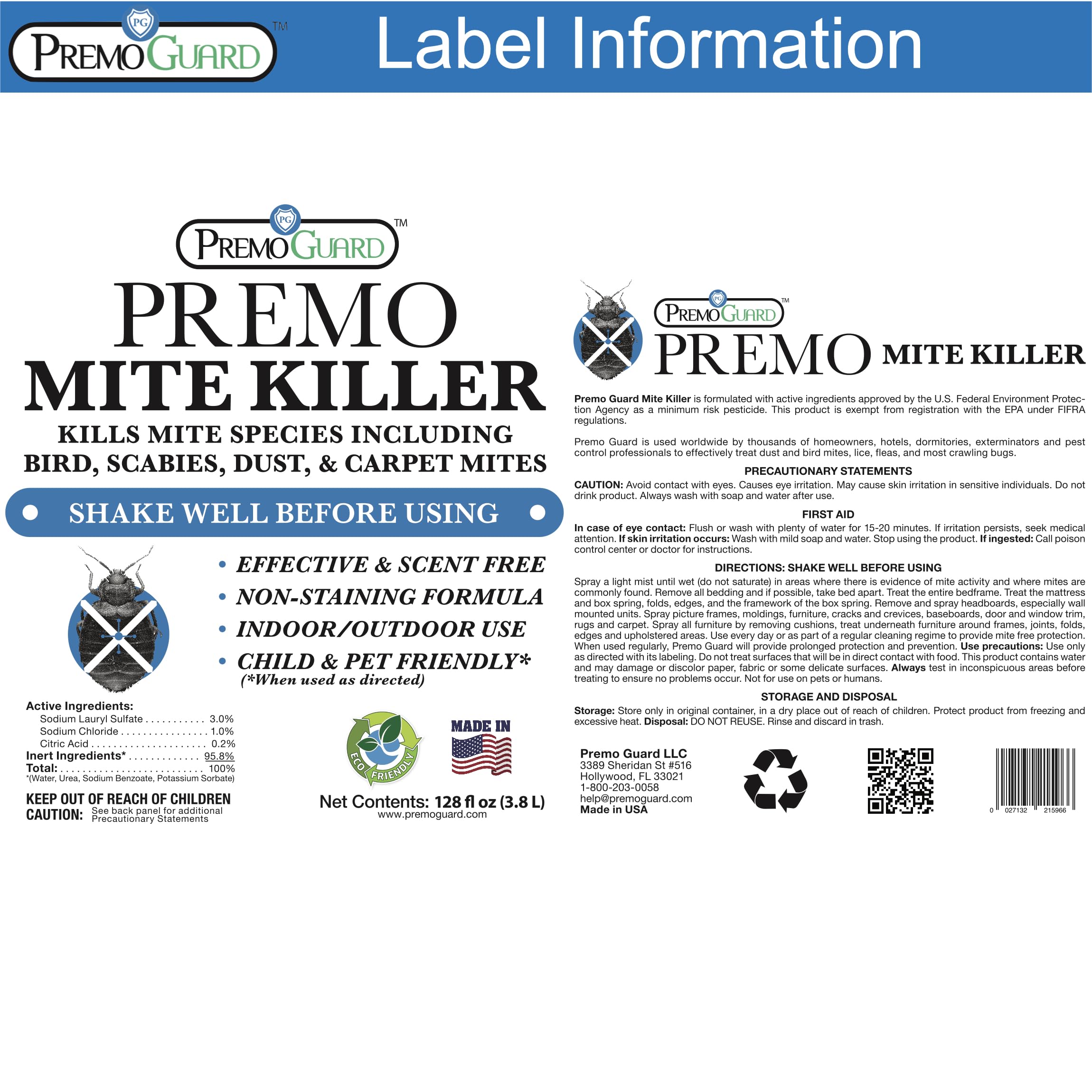 Premo Guard Mite Treatment Spray – 128 oz – Kills Dust, Human, Scabies, Spider, Carpet, Bird, Mouse & Rat Mites in Home, on Furniture, Bedding – Natural Non-Toxic 100% Effective – Child & Pet Safe