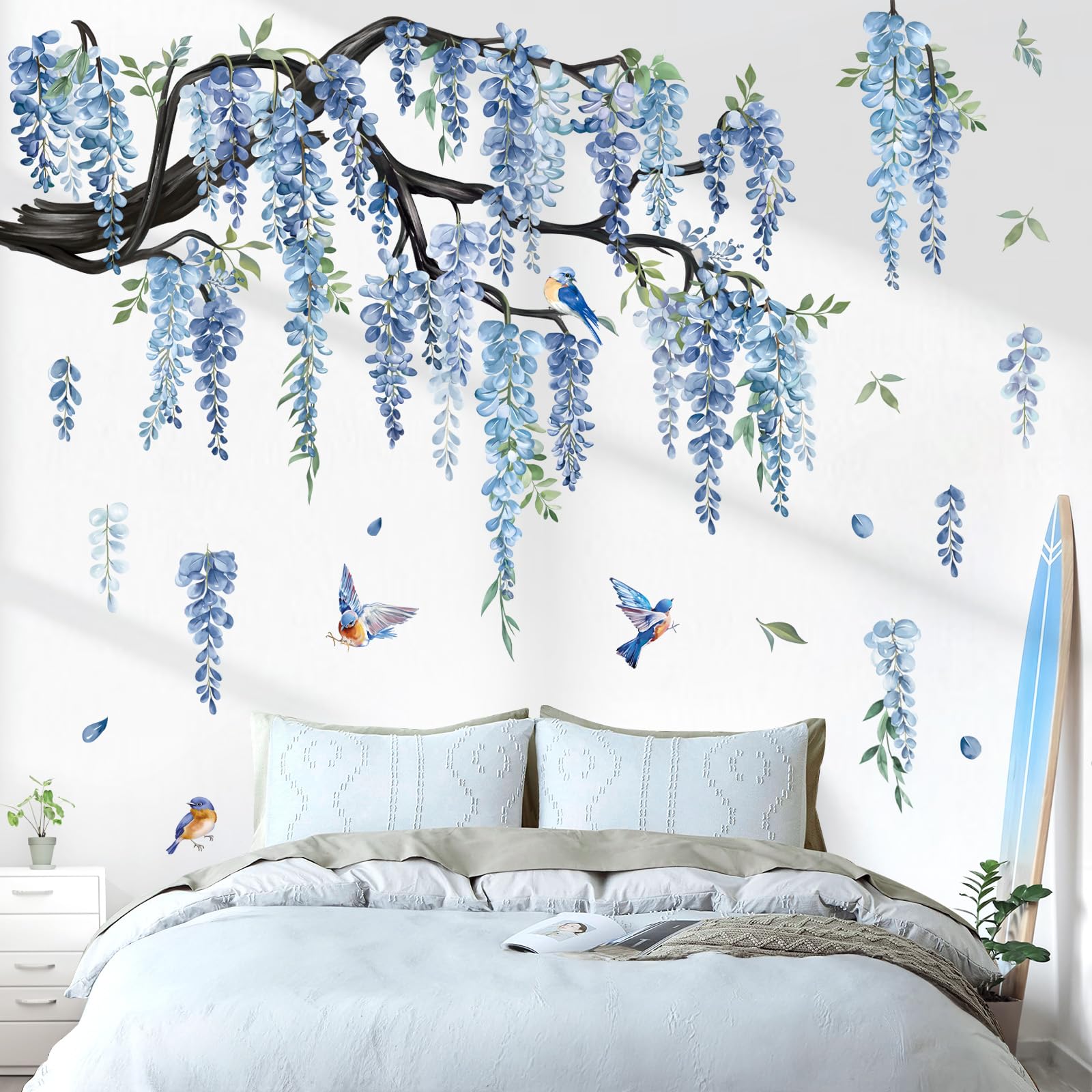 decalmile Large Flower Tree Branch Wall Decals Blue Hanging Vine Floral Wall Stickers Bedroom Living Room Sofa TV Background Wall Decor