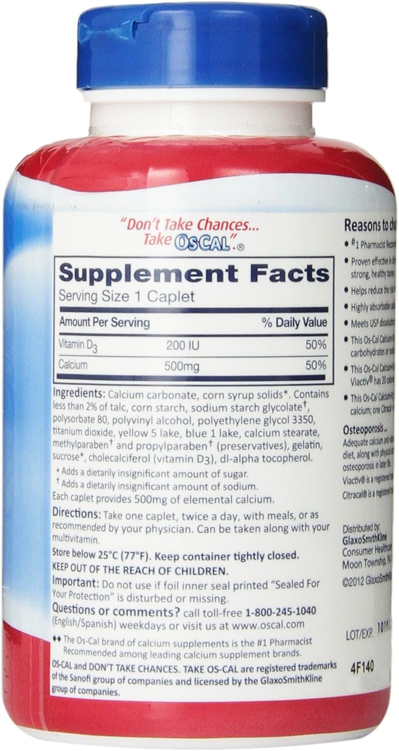 Os-Cal Calcium + D3 500 mg Calcium Supplement with 200 IU Vitamin D3 to Help Maintain Strong Bones, Coated Caplets - 210 Count: Health & Personal Care