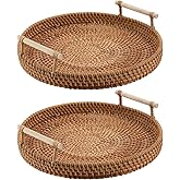 KEILEOHO 2 PCS Round Rattan Serving Trays, Woven Basket Tray with Handle, Rattan Fruit Basket Trays, Woven Bread Tray for Coffee, Cracker, Vegetables, Snacks, 11 x 2.76 Inch