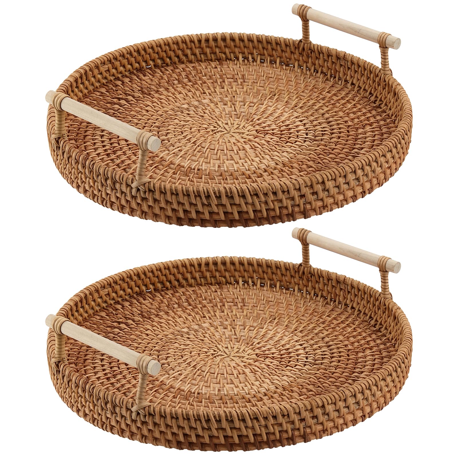 Photo 1 of KEILEOHO 2 PCS Round Rattan Serving Trays, Woven Basket Tray with Handle, Rattan Fruit Basket Trays, Woven Bread Tray for Coffee, Cracker, Vegetables, Snacks, 11 x 2.76 Inch
