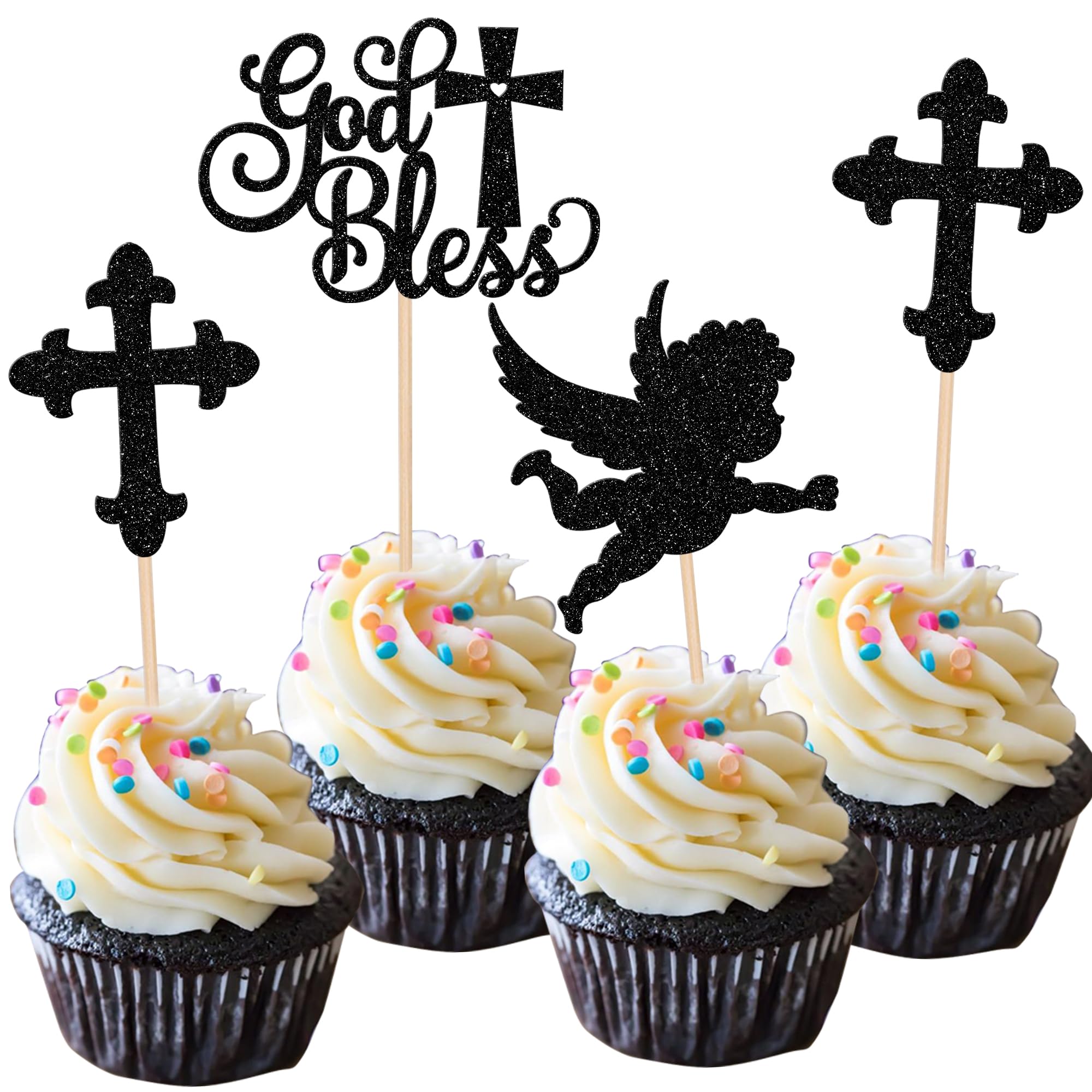 Xsstarmi 24 Pack God Bless Cupcake Toppers Glitter Boys Baptism Cupcake Picks Christian Cross Cupcake Decorations for First Communion Baby Shower Birhday Party Cake Decora Black