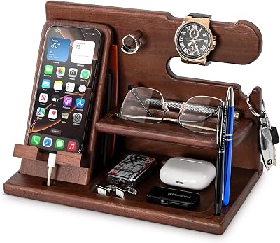 Teslyar Wood Phone Docking Station Ash Nightstand Organizer Brown