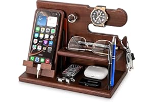 TESLYAR Wood Phone Docking Station for Men - Desk or Nightstand Organizer - Birthday Gifts for Husband or Dad - Anniversary Idea from Wife - Key Holder - Stand Wallet, Watch & Essentials (Chestnut)