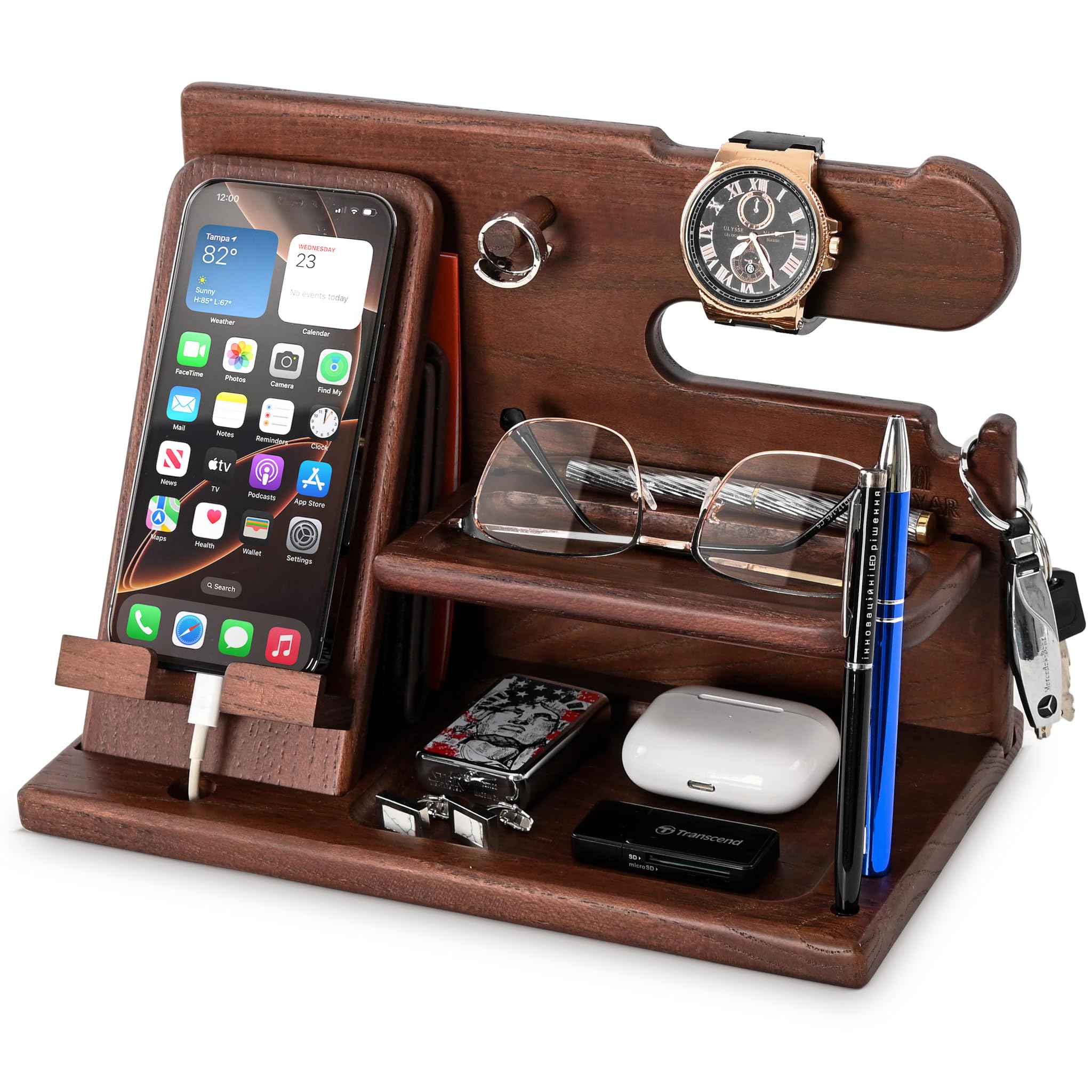 Teslyar Gifts for Men Wood Phone Docking Station – Solid Ash Nightstand Organizer with Key Holder, Wallet & Watch Stand, Wooden Desk Organizer for Husband Boyfriend Dad Birthday Gift (Brown)