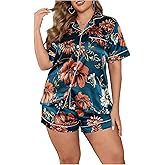 WDIRARA Women's Plus Size 2 Piece Satin Pj Set Short Sleeve Button Down Pajamas with Shorts Sleepwear