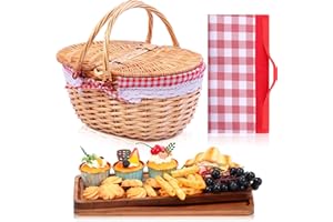 Nitial 4 Pcs Picnic Kit Set Include Wicker Picnic Basket with Handle Outdoor Picnic Blanket and 2 Pieces Solid Acacia Wood Serving Tray for 3-4 Person for Camping and Outdoor Party
