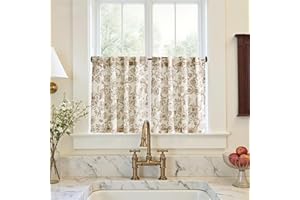 jinchan Small Window Curtains 24 Inch Linen Floral Curtain Set for Kitchen Bathroom Cafe Curtains Light Filtering Window Treatment Farmhouse Cottagecore Back Tab Drapes 2 Panels Taupe on Beige