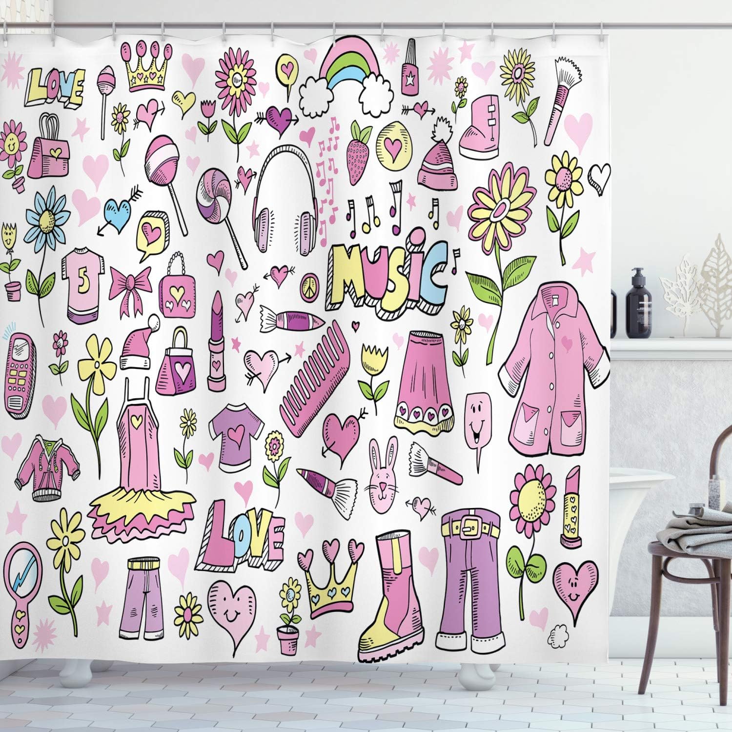 Amazon Com Ambesonne Princess Shower Curtain Spring Princess Girlie Doodle Style Illustration Clothes Cellphone Makeup Cloth Fabric Bathroom Decor Set With Hooks 70 Long Pink Purple Yellow Home Kitchen