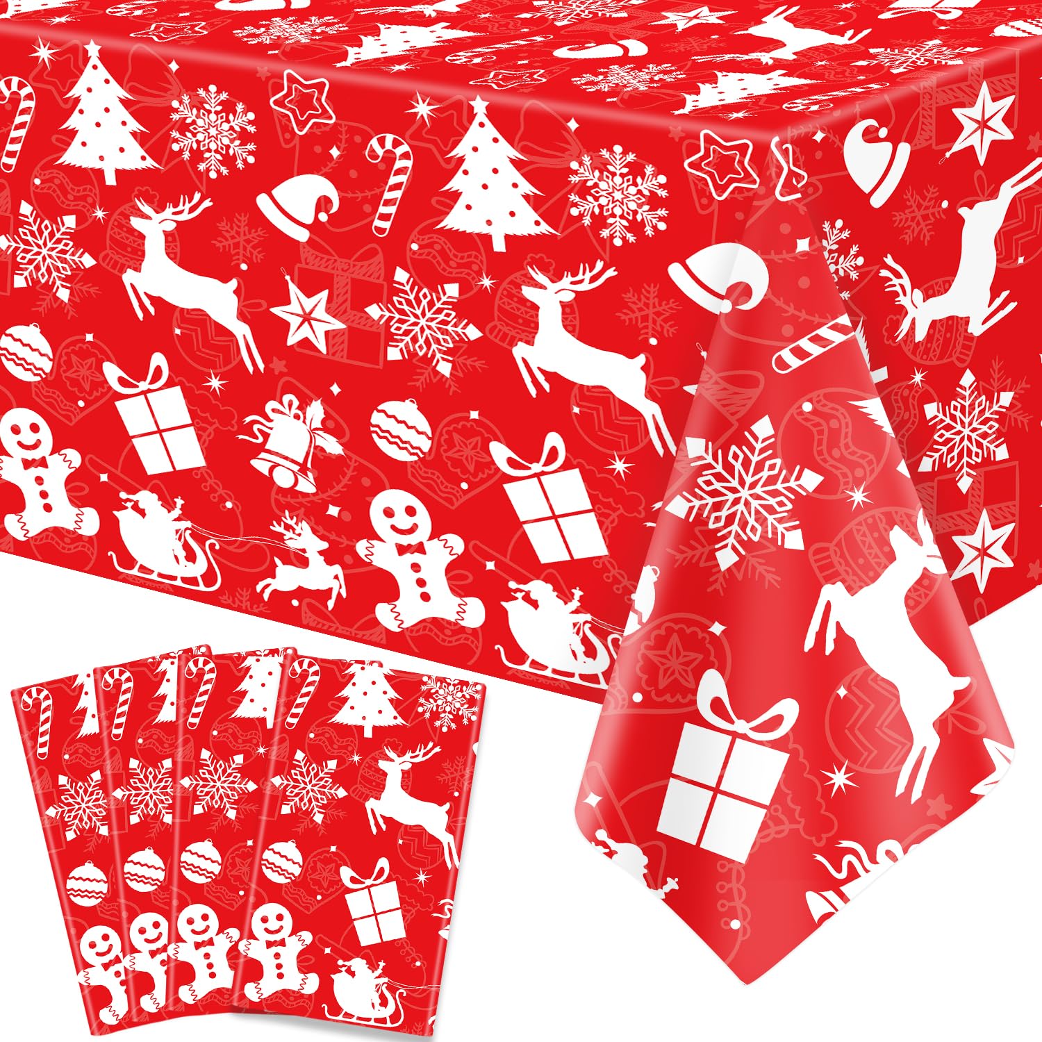 Inspireyee 4 Pack Christmas Party Tablecloths Merry Christmas Party Decoration Xmas Party Supplies Disposable 54x86” Red Theme Rectangle Table Cloth for Xmas Holiday Party Decor Winter Holiday