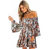 ONEYIM Women's Dress Summer Floral Long Sleeve Off Shoulder Casual Mini Dresses