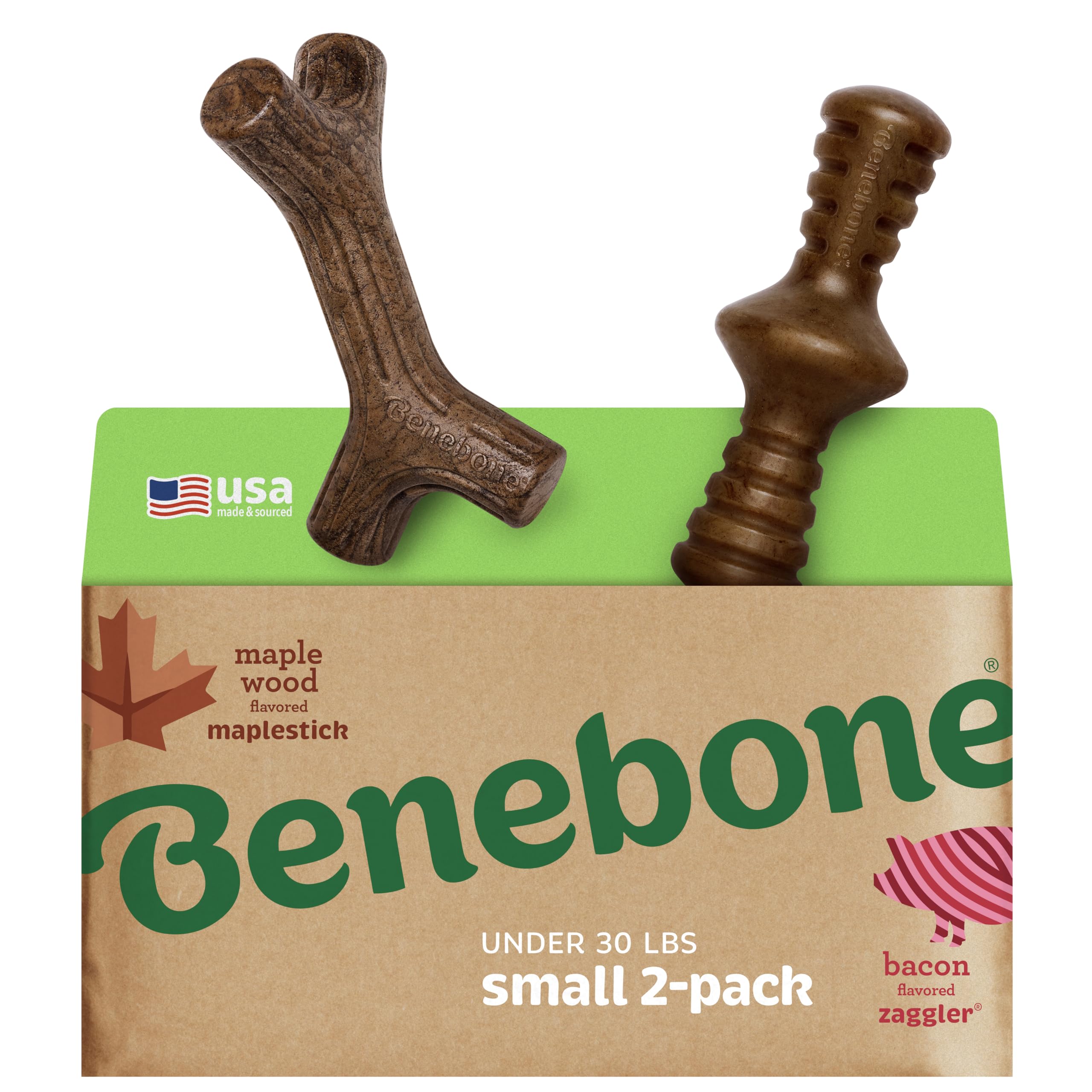 Benebone 2-Pack Indestructible Maplestick/Zaggler for Aggressive Chewers, Long Lasting Tough Boredom Breaker for Dogs, Real Bacon and Maple Wood Flavour, For Small Dogs, Made in the USA. — image 1