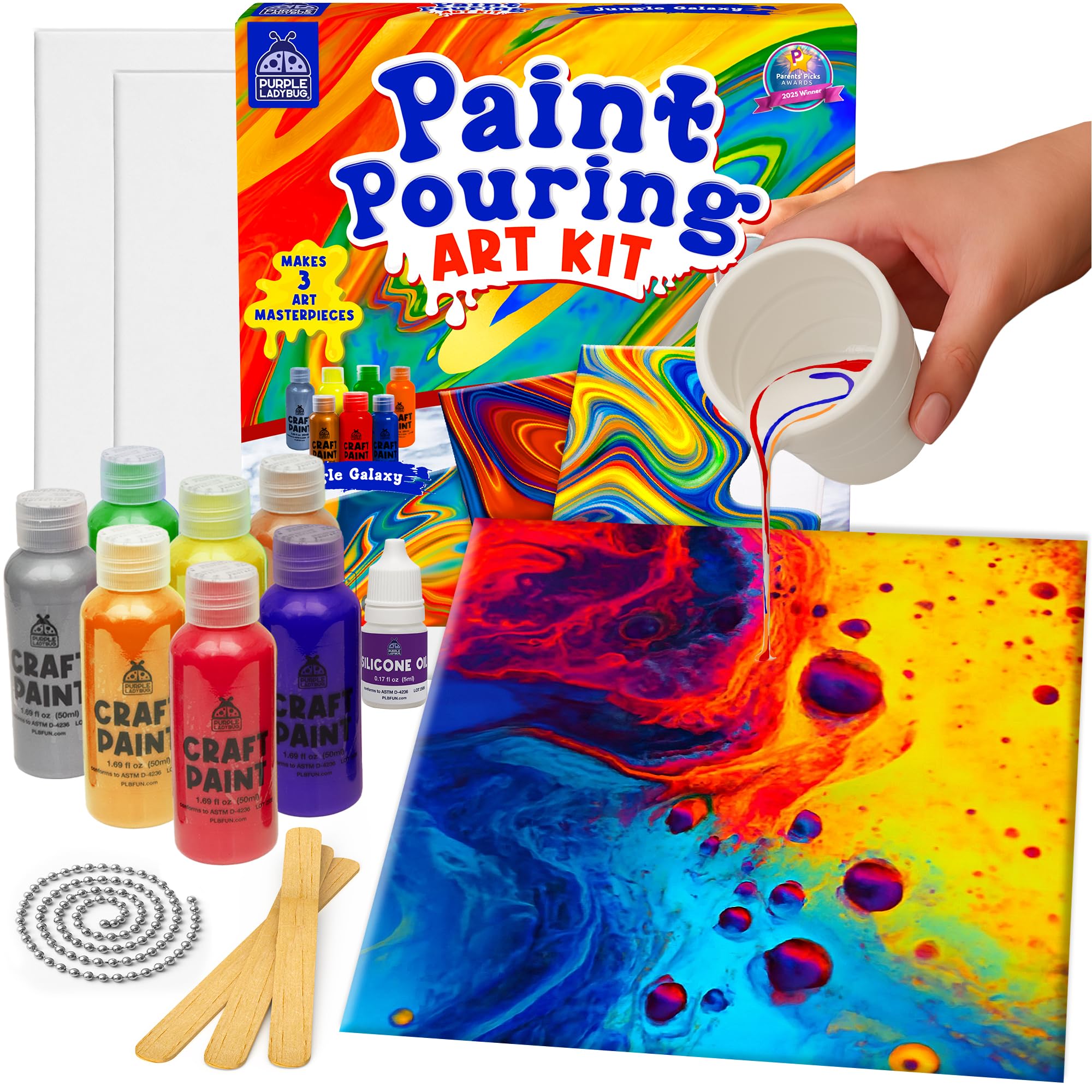 PURPLE LADYBUG Paint Pouring Art Kit for Ages 6-12 (Jungle Galaxy) - BPA Free Arts and Crafts for Kids with Canvas Boards, 7 Paints & Tools - Birthday Gift for Girls & Boys Age 6 7 8 9 10 — image 1