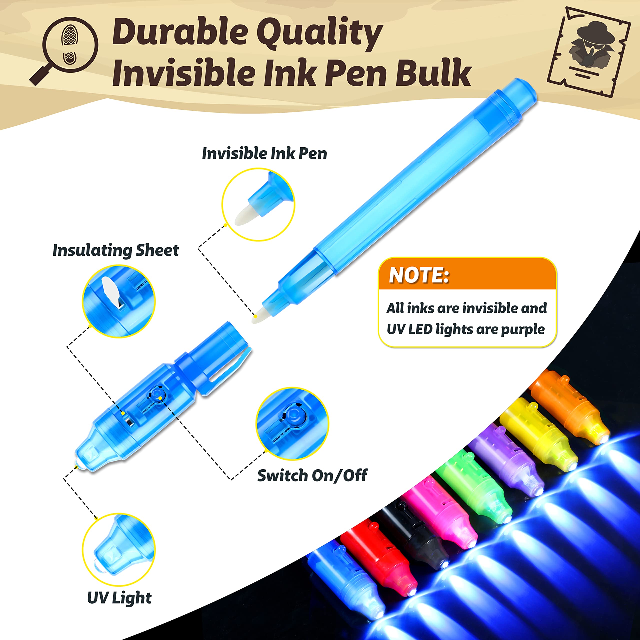 GIFTINBOX Invisible Ink Pens with UV light for Kids, Spy Pen Party Favors for Kids 8-12, 24Pack Invisible Ink Pen and Notebook, Magic Marker for Secret Message Birthday Party Favors for Kid 4-8
