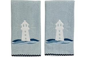 Serafina Home Coastal Nautical Bathroom Fingertip Towels - Set of 2 100% Cotton Light Embroidered Lighthouse Design- 18 x 12 Summer Bath & Kitchen Decor