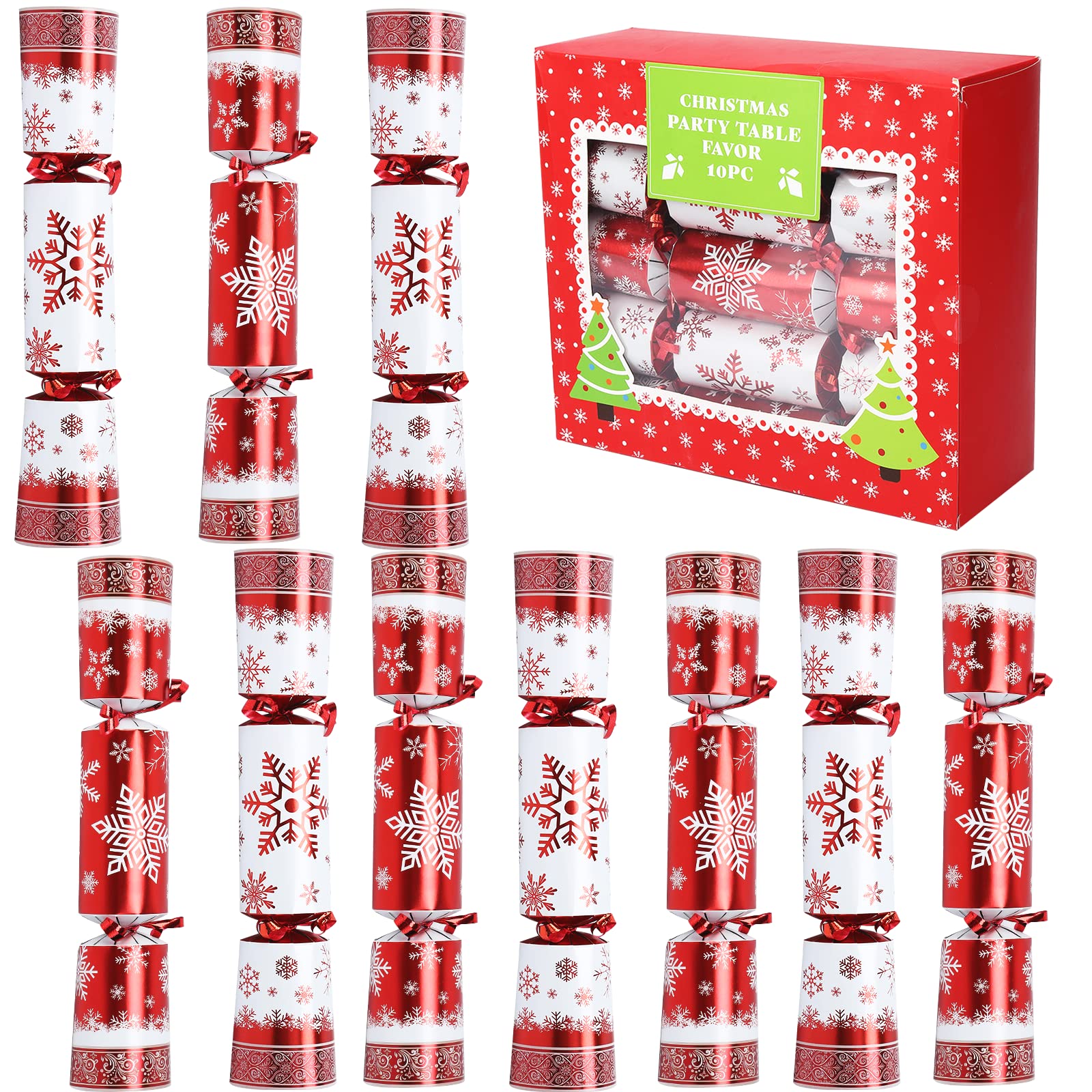 Photo 1 of 10 Pack 10" Christmas Non-Snap Table Favors, Luxurious Red & White Snowflake Design With Party Hat, Joke & Xmas Gift for Kids Christmas Parties, Dinners and Holidays