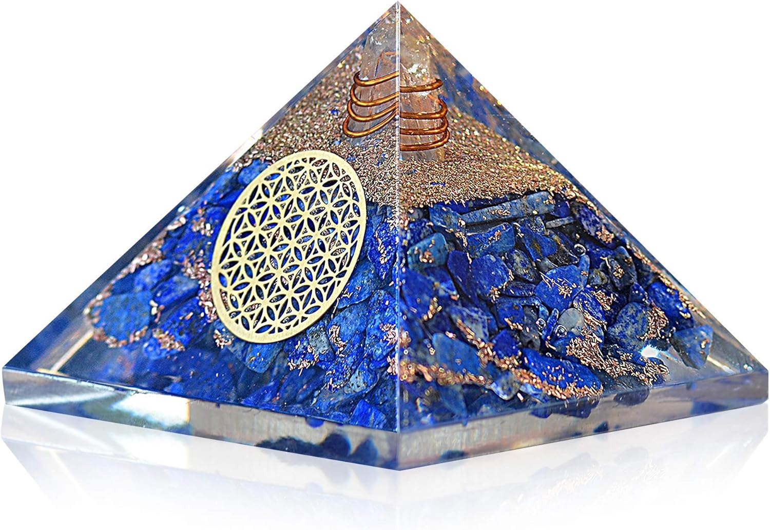 Mixed Media - Lapis Lazuli Orgone Pyramid with Charge Crystal Point and Flower of Life Symbol – Quartz Crystal Positive Energy Generator Provides E-Energy Protection and Positive Energy