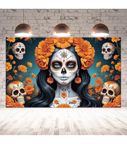 Dia De Los Muertos Aperturee Day Of The Dead Backdrop 7x5ft Mexican Fiesta Sugar Skull Photography Background Dress Up Party Decorations Photo Booth Props Banner Marigold Backdrop