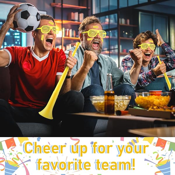 LARANDOM 12 PCS/4 SET CHEERLEADING ITEMS WITH STADIUM HORN SHUTTER SHADED GLASSES CHEERING NOISE MAKER FOR SOCCER FOOTBALL EVENTS(YELLOW)