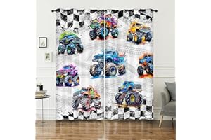 AILONEN Colorful Monster Truck Window Curtain,Featuring Cartoon Trucks and Checkered Flag Curtain Tiers for Bedroom Decor, 42" W x 63" H 2 Panels