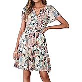 Simplee Women 2026 Floral Summer Short Dress Short Sleeves V Neck Chiffon A-Line Casual Flowy Boho Mini Dresses