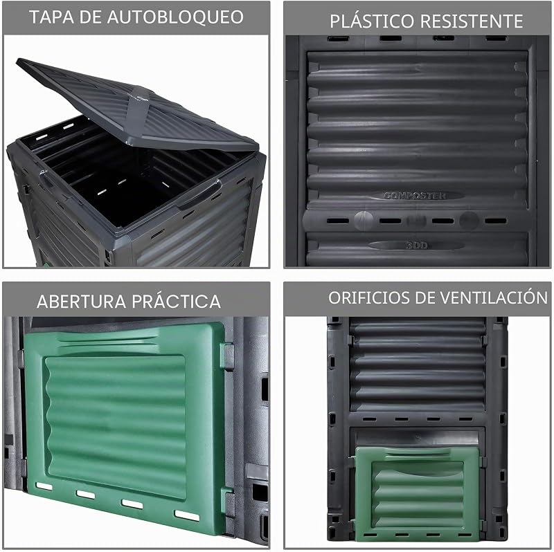 ® Compostador Jardin 300L, Compostera Organica, Negro y Verde