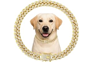 KHENDYOGN Dog Chain Designer Gold Crystal Pet Collar Cuban Link Chain with Secure Buckle Luxury Adjustable Necklacefor Small Medium Large Dogs Cats(Glod 22inch)