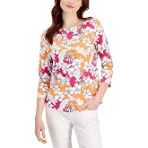 Charter CIub Womens 3/4 Sleeve Tropical Print Top Orange Paradise Combo M