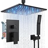 Aolemi Ceiling Mount Shower Faucet Set with Handheld Spray High Pressure Shower Faucets Sets Complete Rough-in Valve and Shower Trim Kit System Included Rainfall Matte Black 12 Inch LED Shower Head