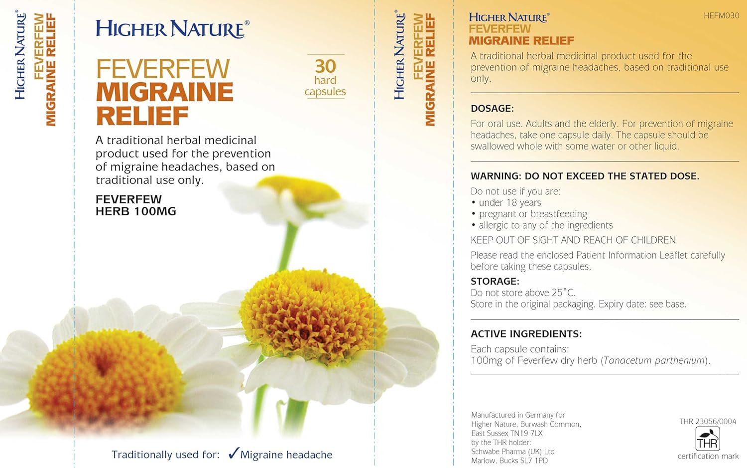 Higher Nature Feverfew Migraine Relief - Pack of 30 Capsules: Health & Personal Care