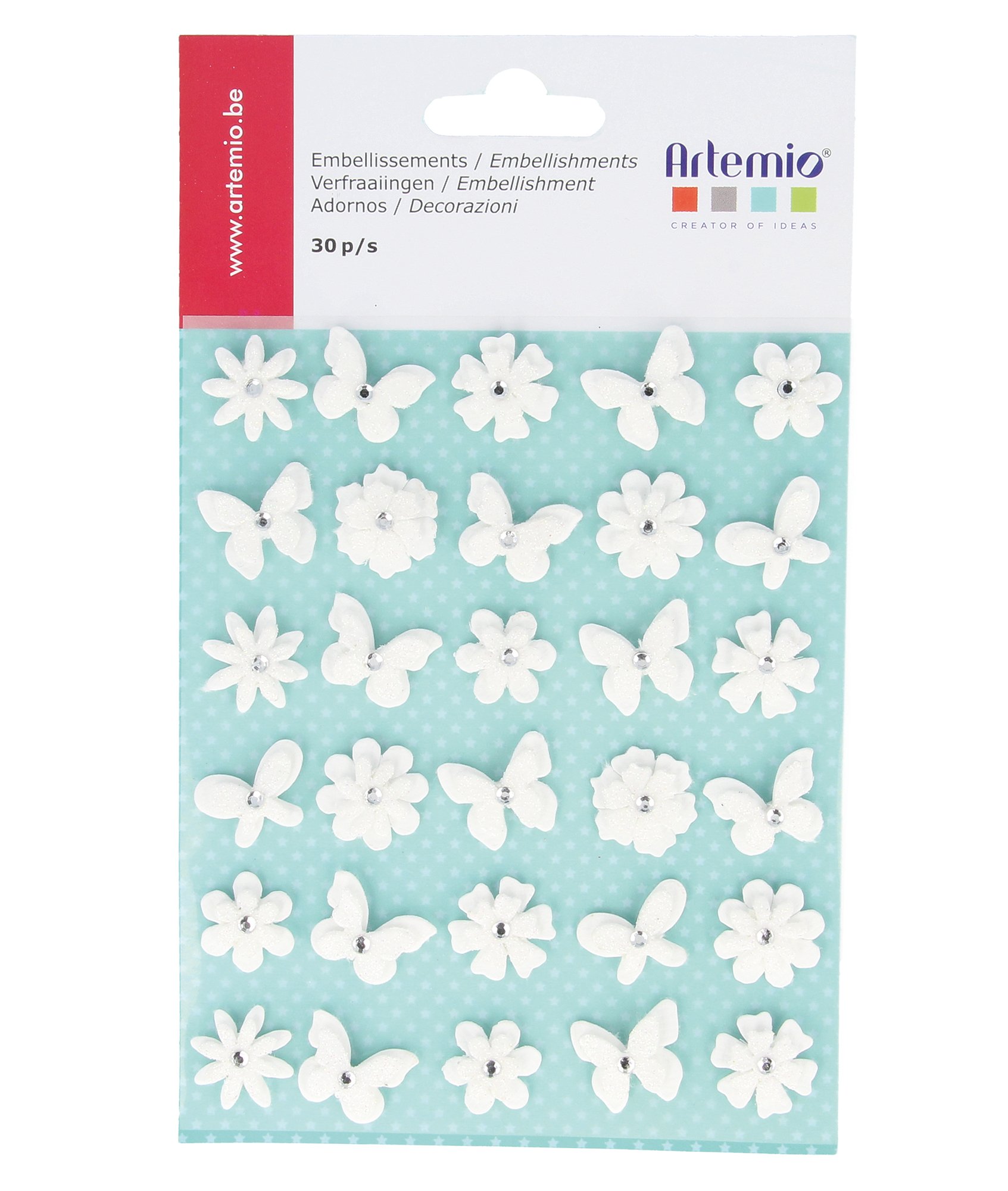 Artemio Set of 30 Glitter Butterfly and Flower, White, Paper, 19 x 11.5 x 0.5 cm