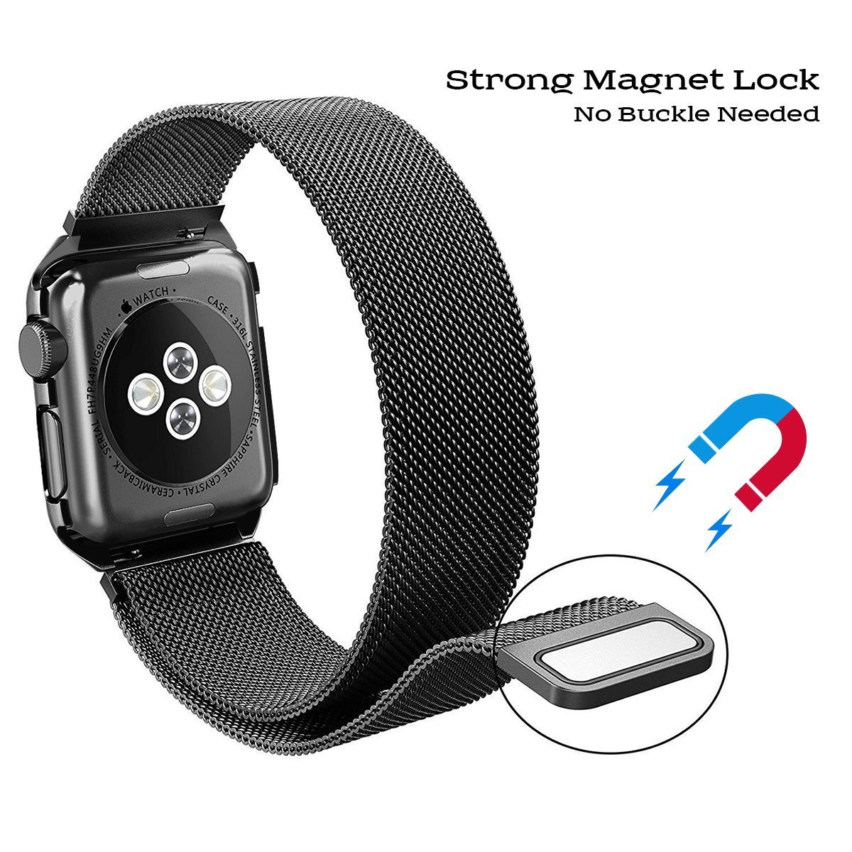 Aifulo Apple Watch Band 42mm, Adjustment Milanese Loop Stainless Steel Mesh Magnetic Replacement Wrist Band with Metal Protective Case for Apple Watch 42mm Series 1 Series 2 Series 3 - Black