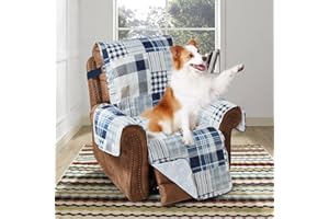 Brilliant Sunshine Plaids and Stripes Recliner Slip Cover, Patchwork Design, Quilted Slipcover, 26" Seat, Slip Resistant Cushion Protector, Washable Reclining Chair Covers for Dogs, Cats, Kids, Blue