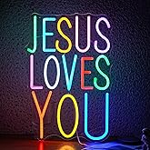 JLEWUINH Jesus Loves You Neon sign Colorful Led Letters Sign Neon Light for Wall Decor Dimmable Jesus Light Up Sign for Home Christ Church Wedding Birthday Party Decor(USB Power)