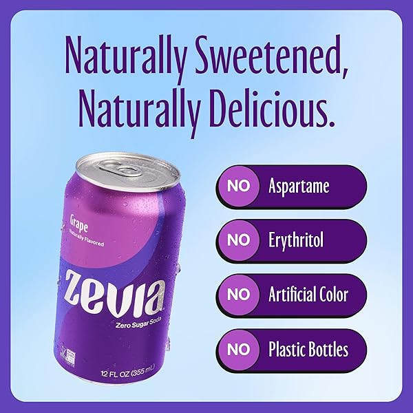 ZEVIA ZERO SUGAR SODA, GRAPE, 12 OZ CANS (8-PACK) – NATURALLY SWEETENED, NON-GMO PROJECT VERIFIED, GLUTEN-FREE, VEGAN