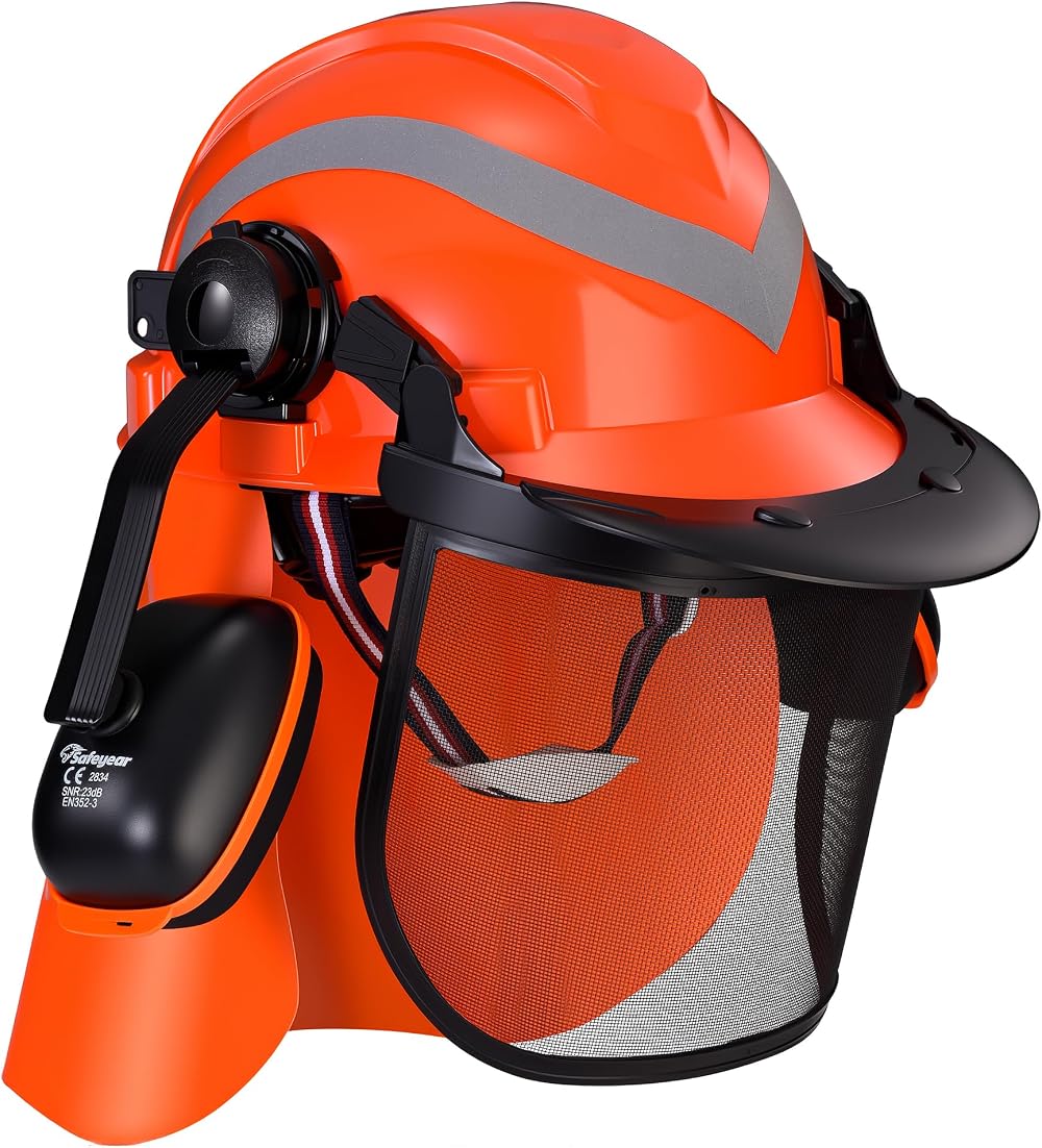 SAFEYEAR Pro Chainsaw Helmet Orange EN397 27SNR Ear Muffs Mesh Visor