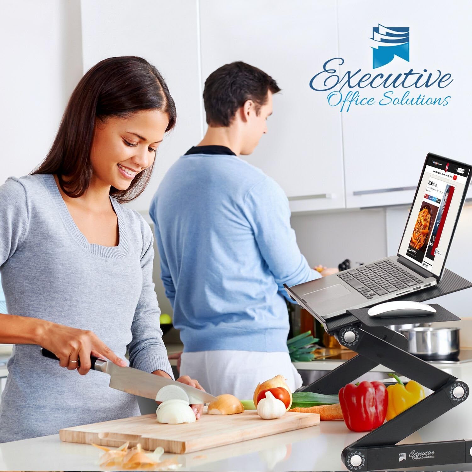 Executive Office Solutions Portable Adjustable Aluminum Laptop Desk/Stand/Table Vented w/CPU Fans Mouse Pad Side Mount-Notebook-MacBook-Light Weight Ergonomic TV Bed Lap Tray Stand Up/Sitting-Black: Computers & Accessories