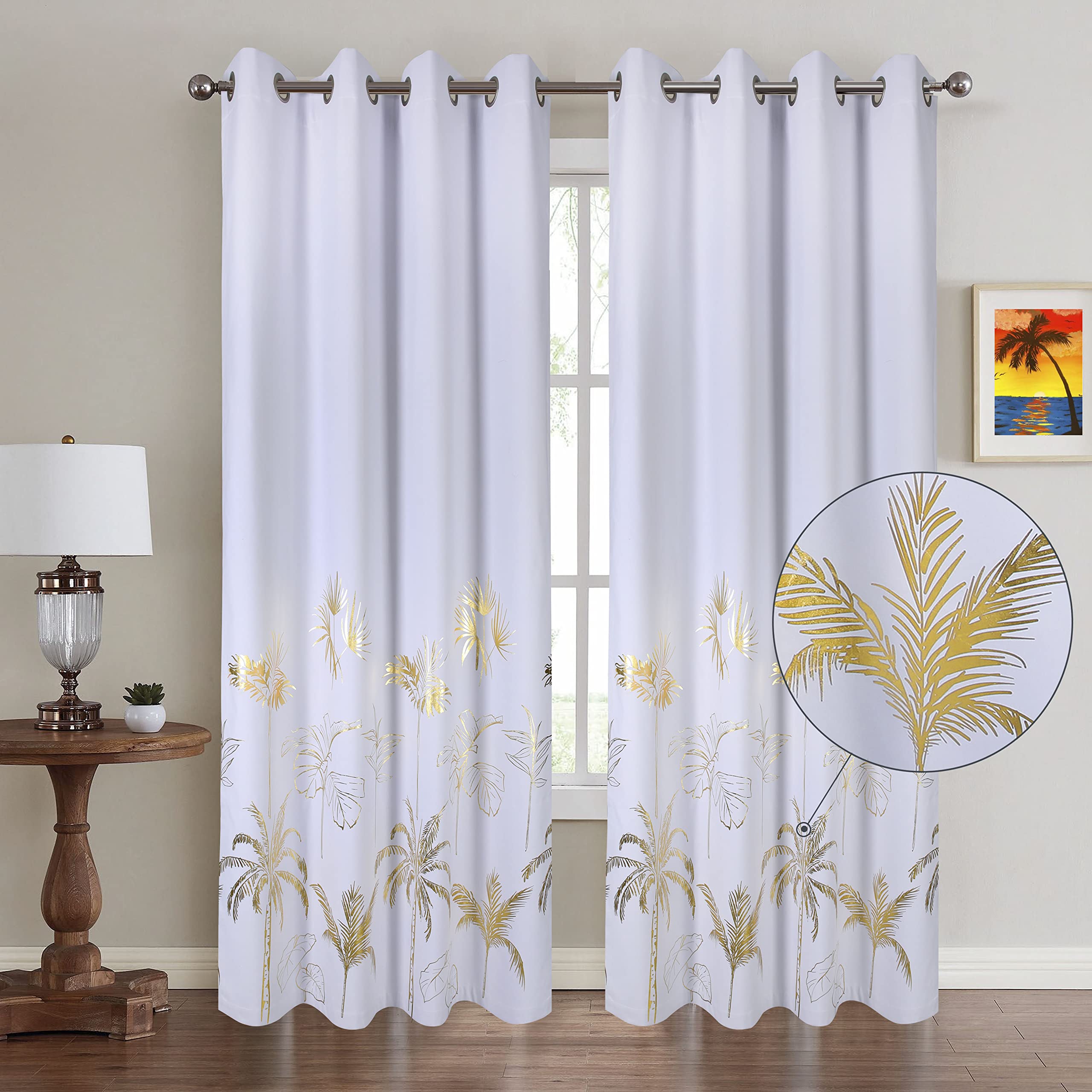 White Blackout Curtains Gold Foil Printed Palm Leaves Trees Luxury Bedroom Eyelet 66×90 Lined Thermal 100% Total Room Darkening Window Curtain Living Room 2 Panels Nursery Boys Girls