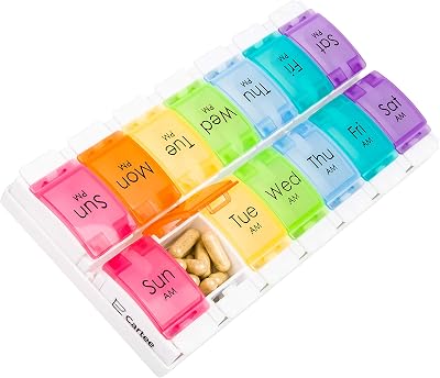 Cartee Weekly Pill Organiser Double Row with Tray Easy Open Push Button