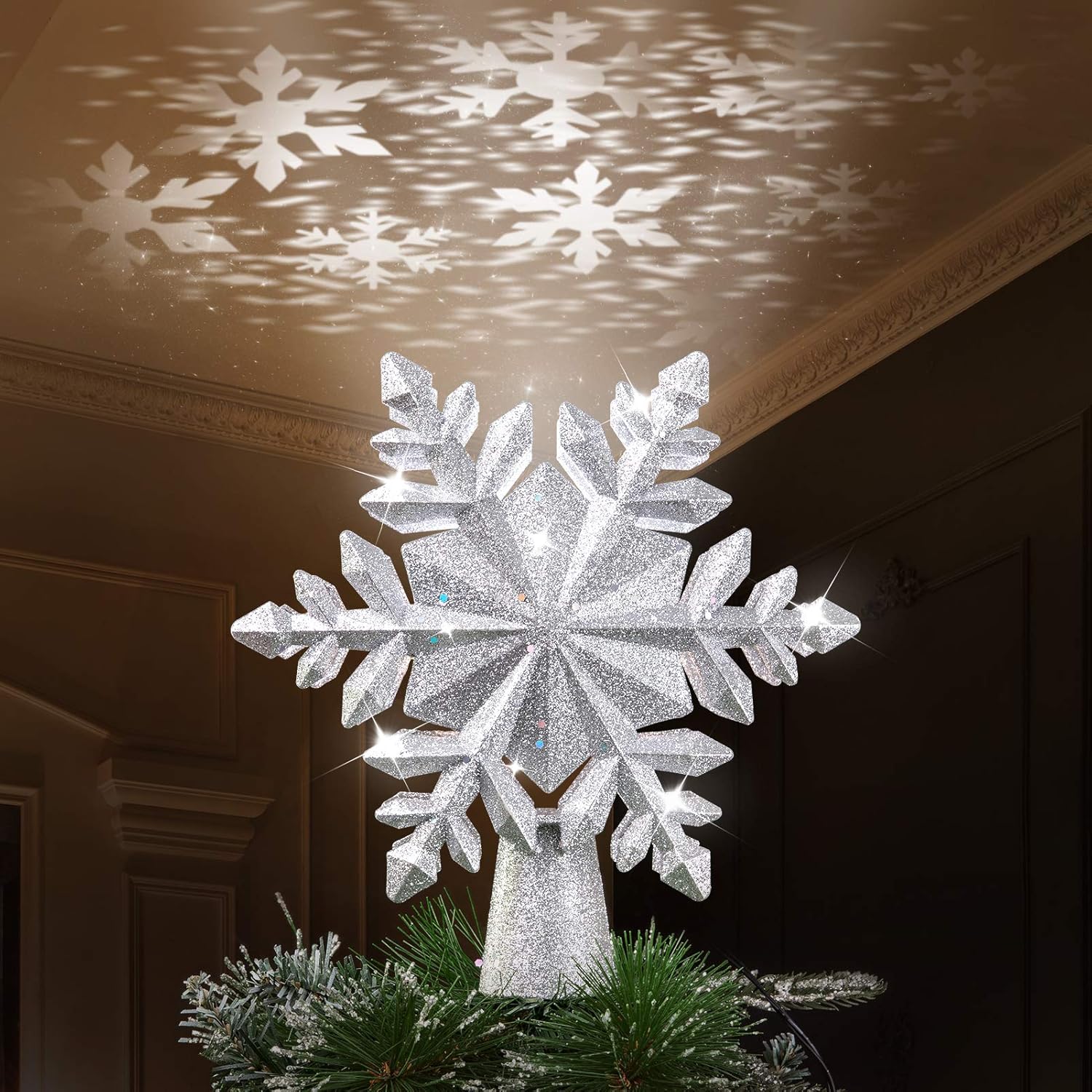 WBHome Christmas Tree Topper Silver Snowflake Glittered, 3D Hollow LED