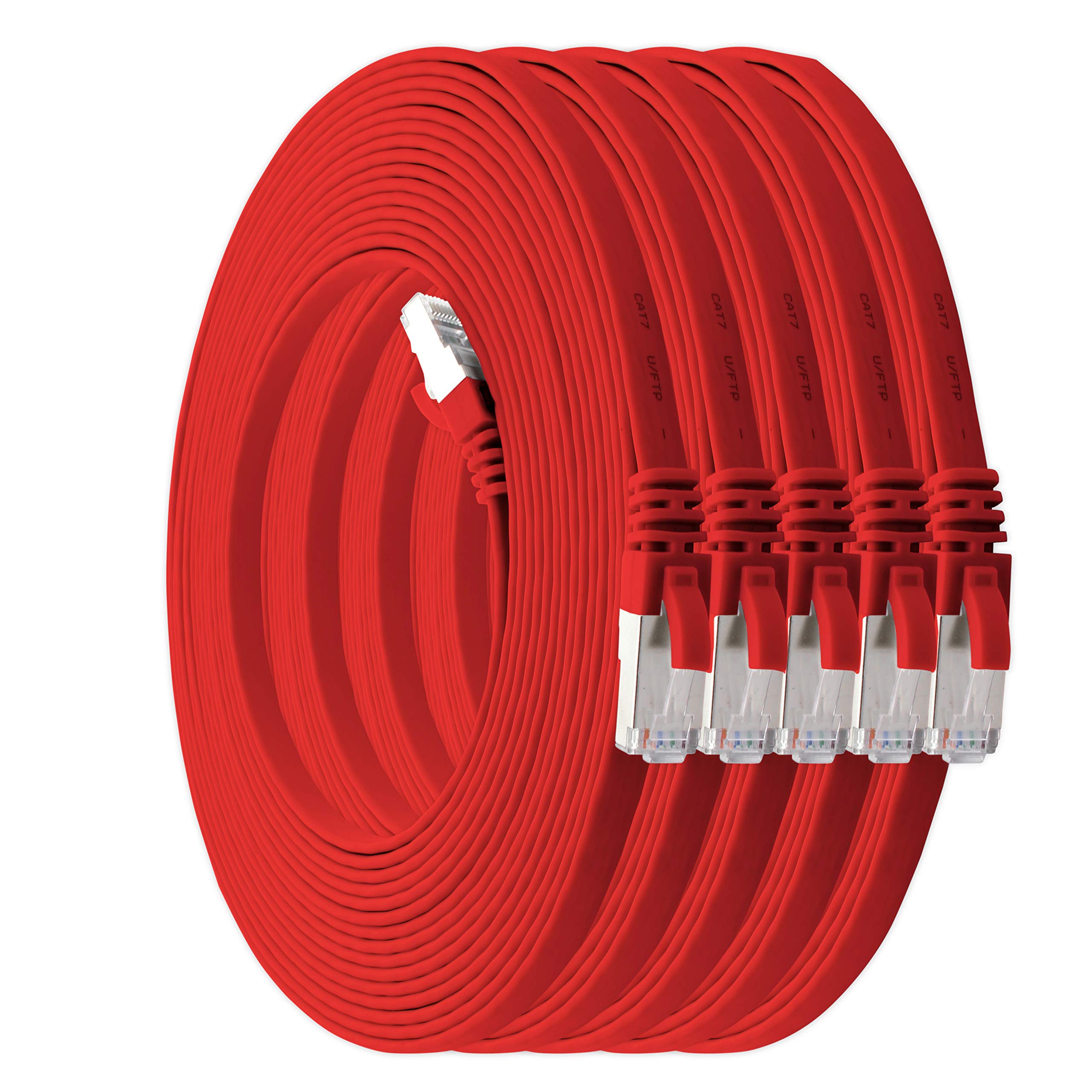1aTTack.de 1m - red - pack of 5 Cat7 flat cable network cable Cat 7 raw cable Gigabit Lan (10Gbit/s) ribbon cable installation cable patch cable flat slim Rj 45 plug Cat6a