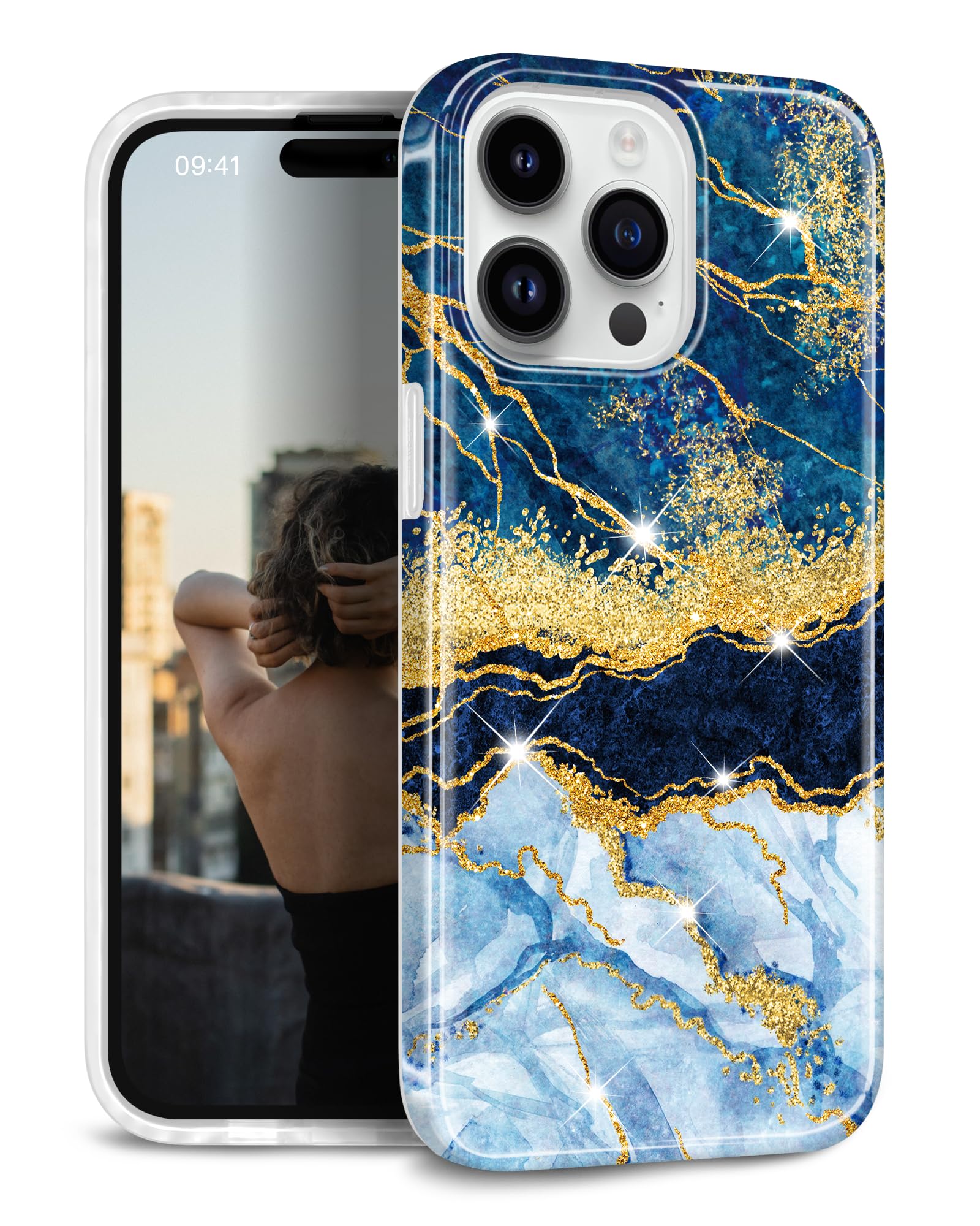 JIAXIUFEN Compatible with iPhone 15 Pro Case Gold Sparkle Glitter Marble Design Shockproof Protective Slim Soft TPU Silicone Cover Phone Case 6.1" 2023 Dark Blue