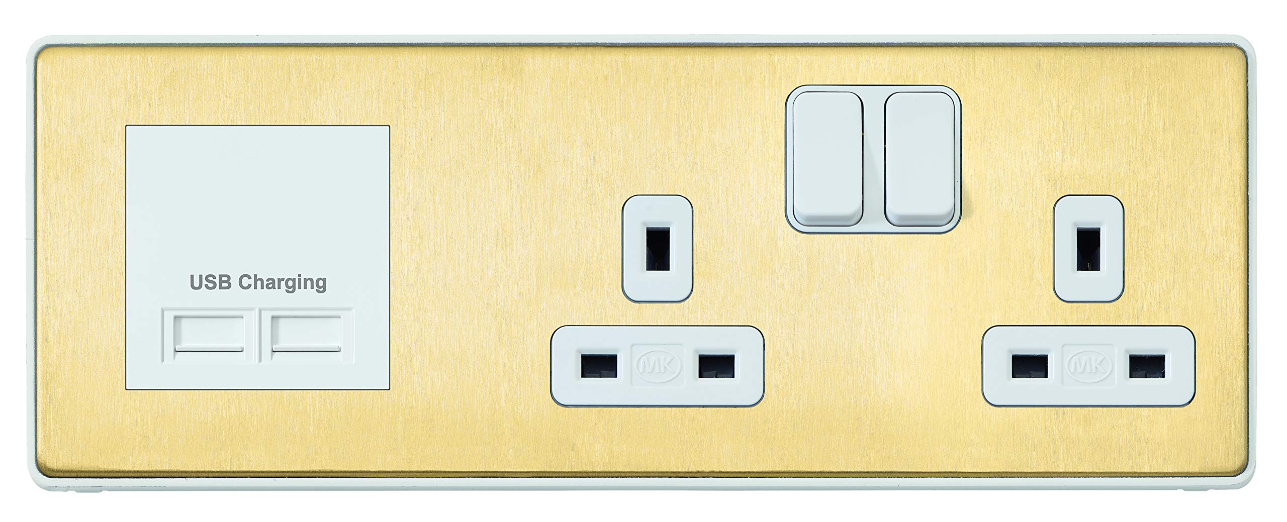MK Dimensions 2 Gang Combi Switch Socket Stain Brass Finish with a White Trim Multimedia Plate with Left Side Euro Frame