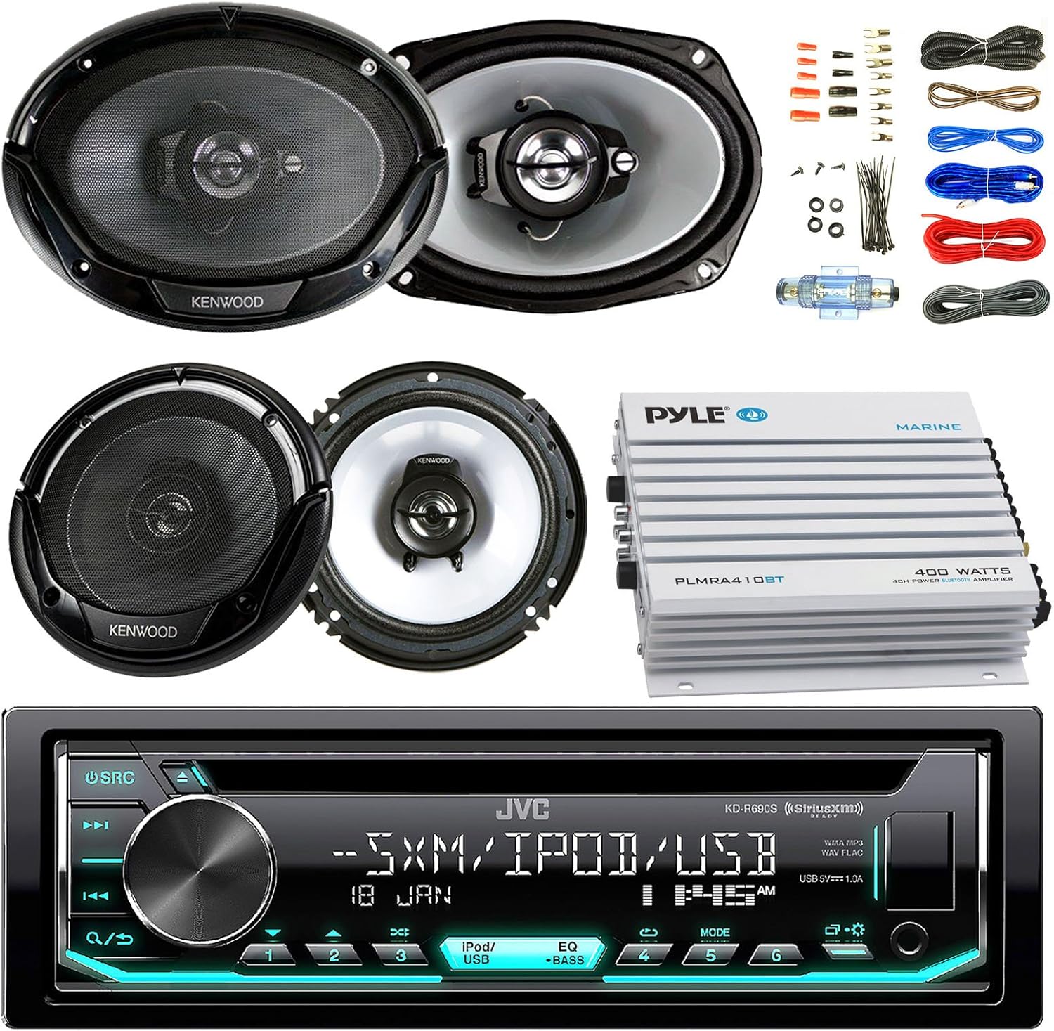 JVC KDR690S Car CD Player Receiver USB AUX Radio - Bundle Combo with 2X Kenwood 6.5" 2-Way Black Car Coaxial Speakers + 2X 6x9 Inch 3-Way Speaker + 4-Channel Amplifier + Amp Kit