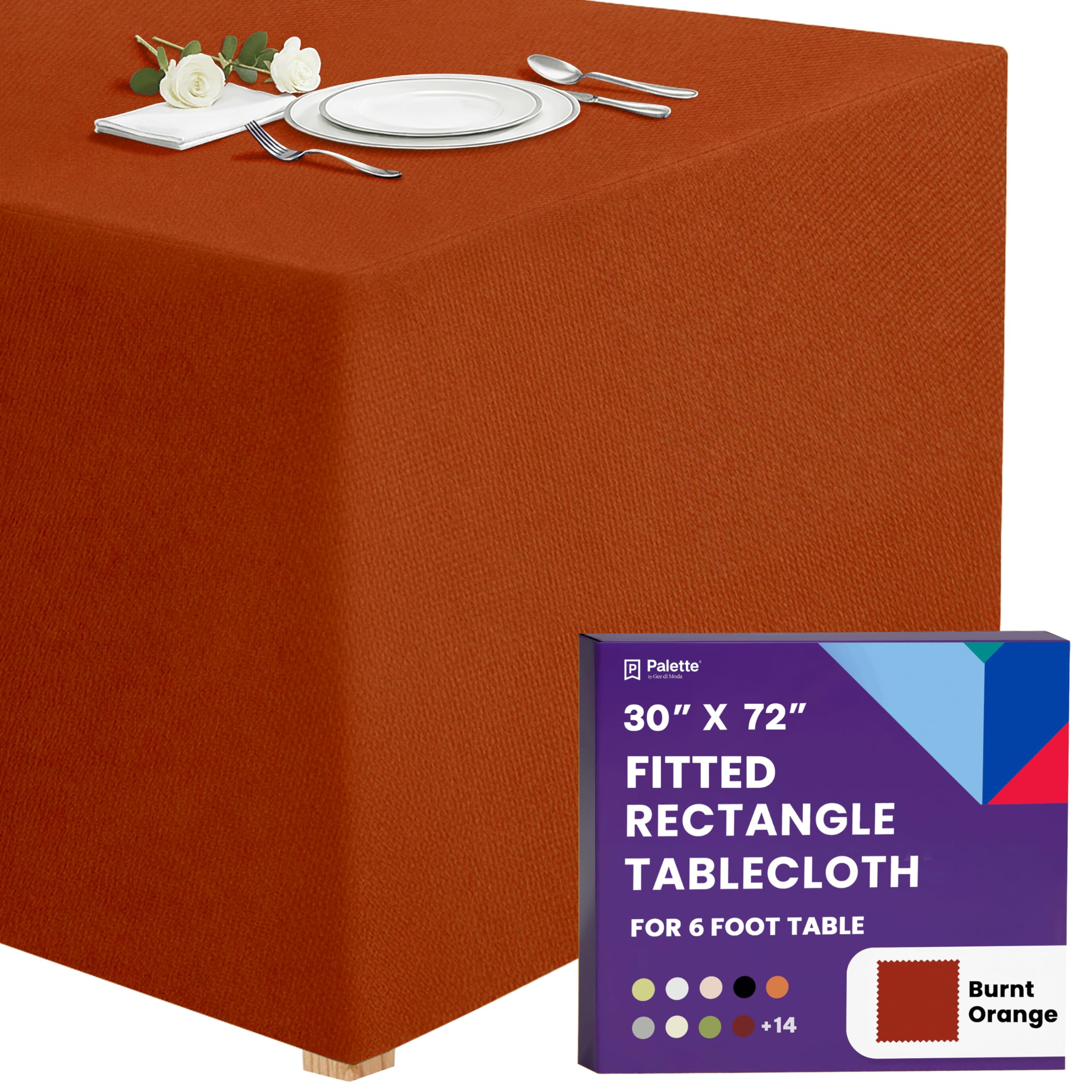 Gee Di Moda Fitted Tablecloth - 72 x 30 Inch Burnt Orange for 6 Foot Rectangle Table - Heavy Duty Washable Fabric - for Buffet, Holiday Party, Dinner, Wedding & Trade Show — image 1