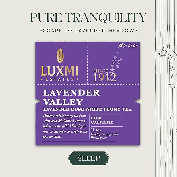 LUXMI ESTATES LAVENDER VALLEY ORGANIC LAVENDER TEA (50 TEA BAGS) LOW CAFFEINE TEA BAGS FOR SLEEP, RELAXING, CALMING, AND STRESS RELIEF, WITH CERTIFIED ORGANIC DARJEELING MAKAIBARI WHITE TEA