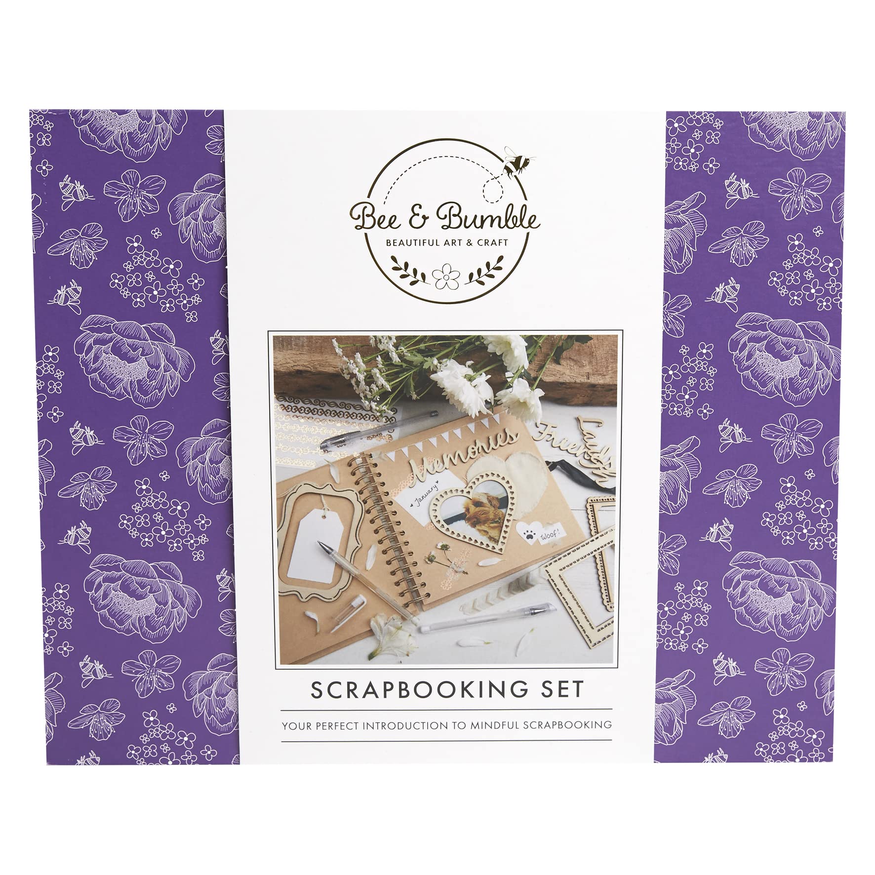 Bee & Bumble Scrapbooking Set - Kraft, 8x8" Spiral-Bound Scrapbook, 6x6" Paper Pad, Stickers, Craft Tape, Embellishmentd, Pegs, Die-Cut Tags, Glue Stick, Hobby Craft Kit, DIY Crafts, Unique Gift
