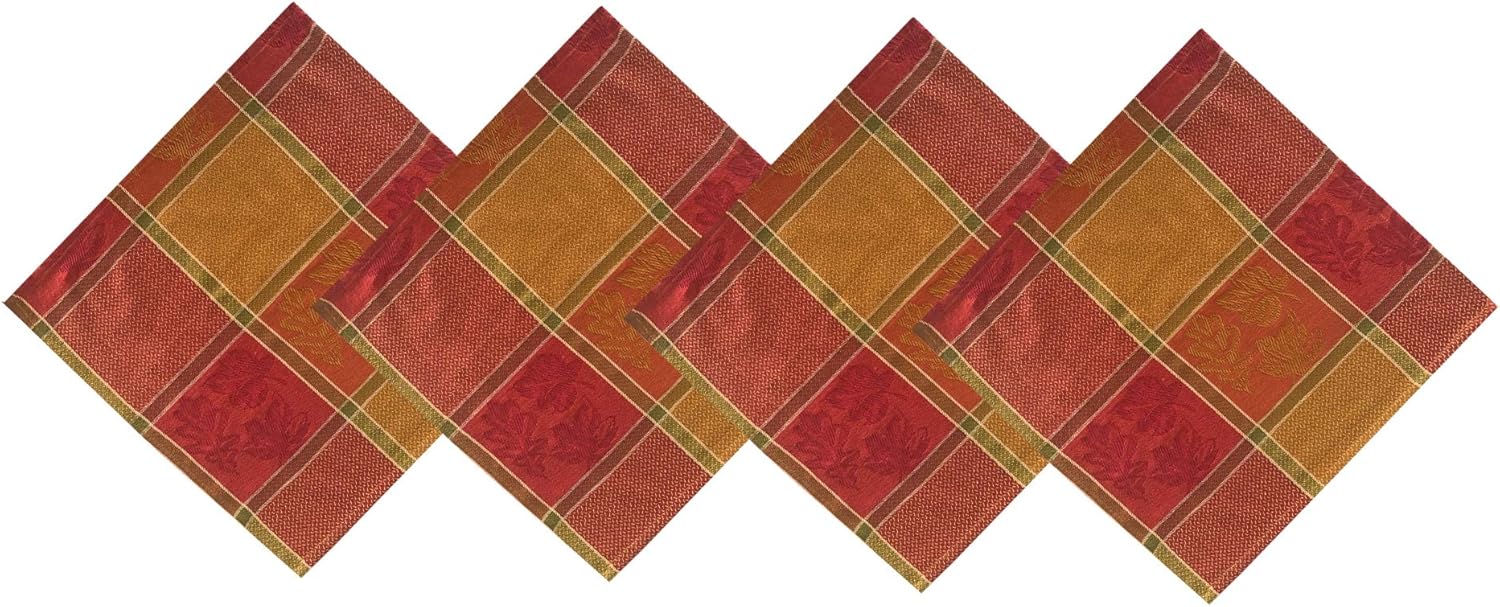 Lintex Harvest Leaf Block Jacquard Thanksgiving and Fall Harvest Cotton Fabric Napkins - Fall Leaves Patchwork 100% Cotton Weave Kitchen and Dining Room Napkins, Set of 4 Napkins
