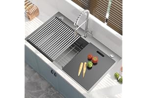 BUKUMO 30 Inch Drop in Kitchen Sink, 304 Stainless Steel Kitchen Sink Workstation, Single Bowl Undermount Kitchen Sink with Cutting Board, Drain Strainer, Rinse Grid and Accessories